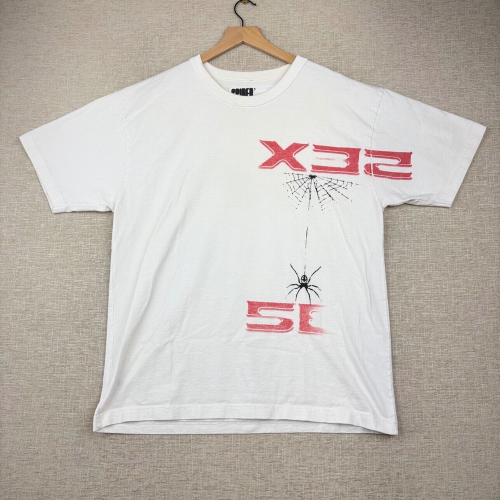 Sp5der Worldwide Men White Graphic T-Shirt Spider Web Red Text Size 3 L